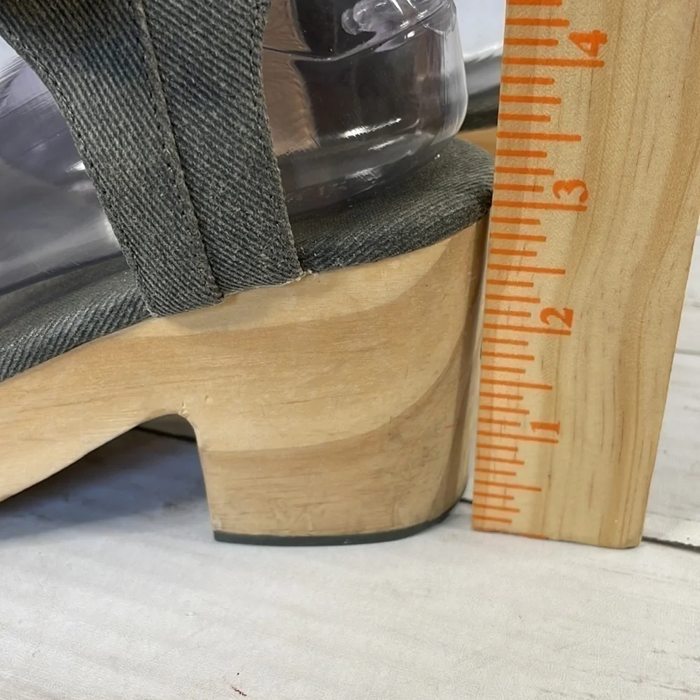 Kelsi Dagger Brooklyn Gray Denim Wooden Platform Heel Sandals